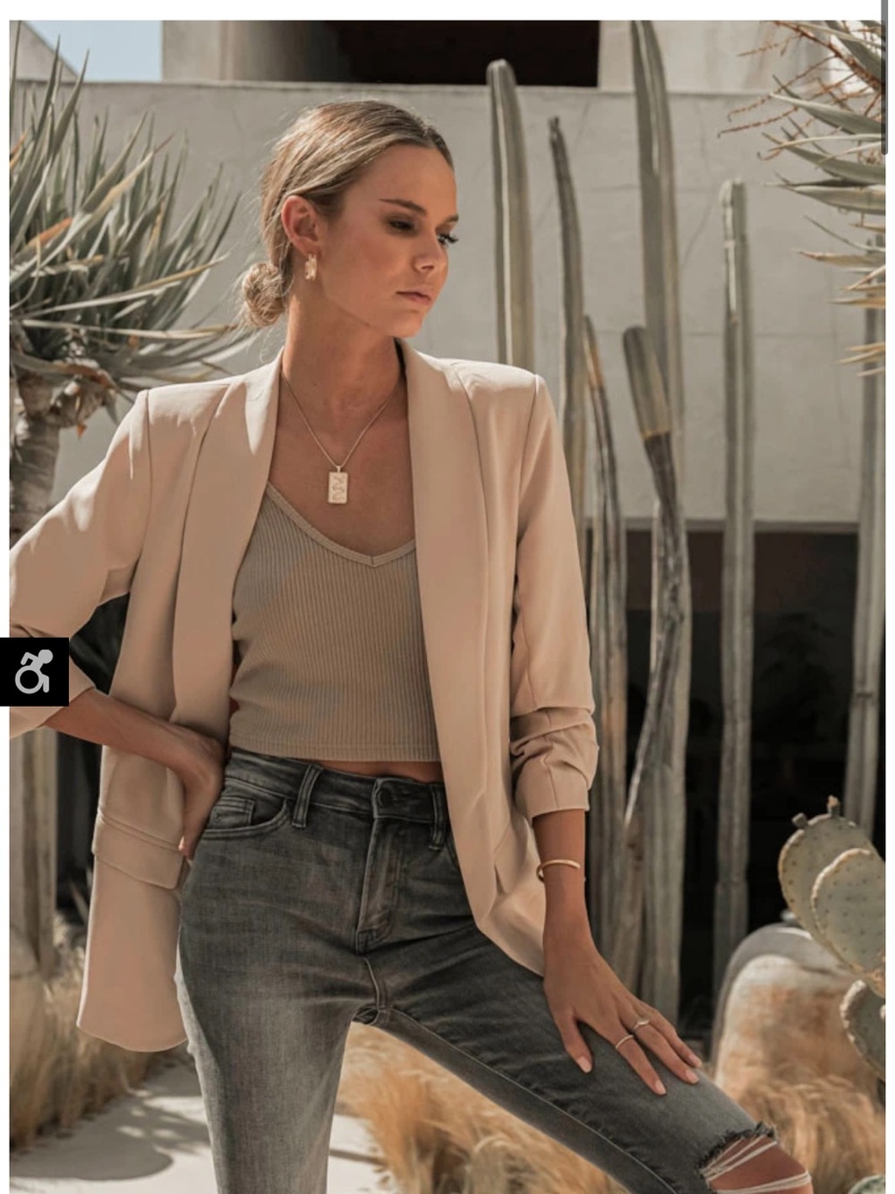 bohme Beige Pleather Open-Front Women's Blazer
